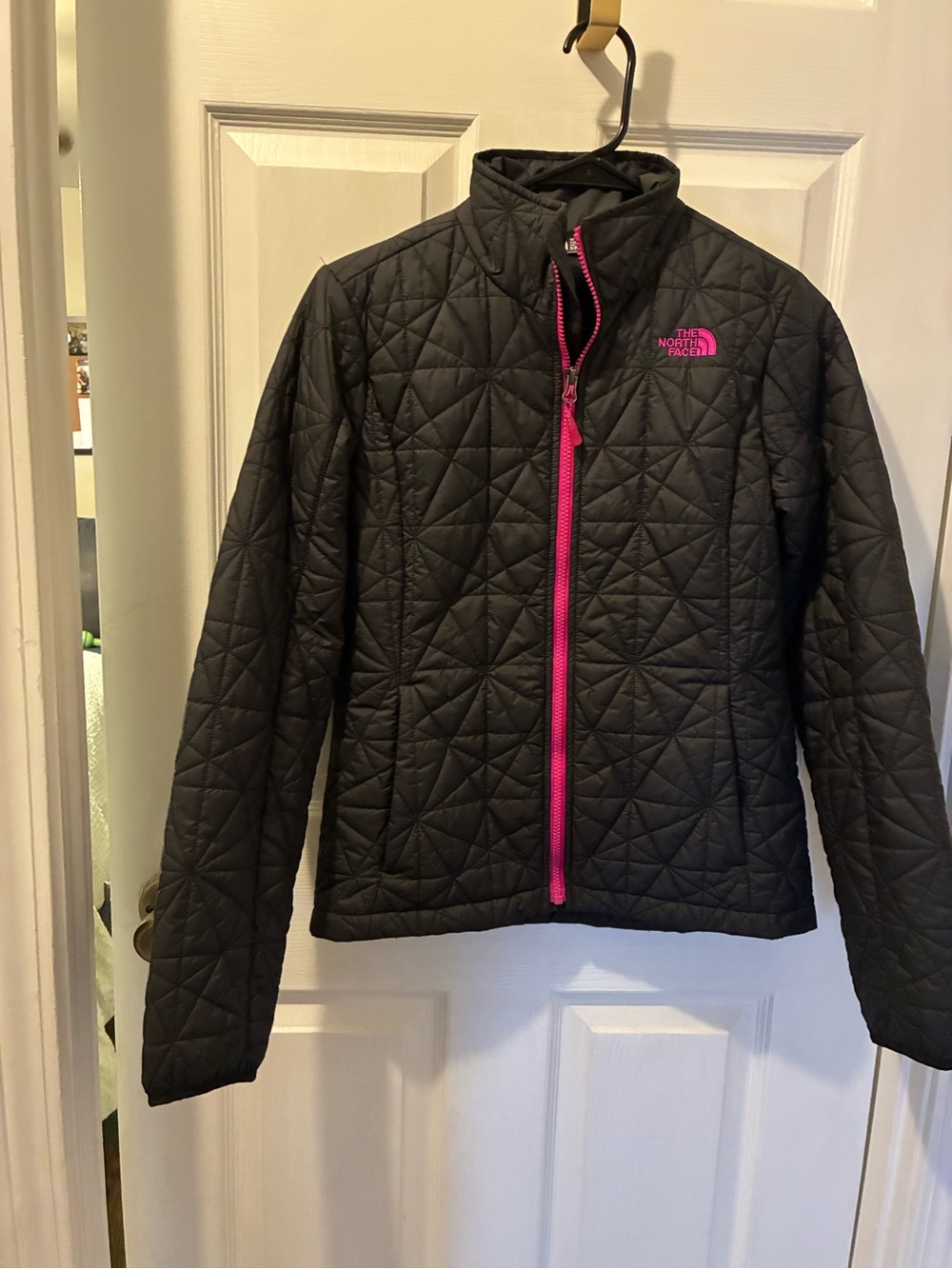 The North Face Kids' Black Quilted Puffer Jacket with Pink Trim